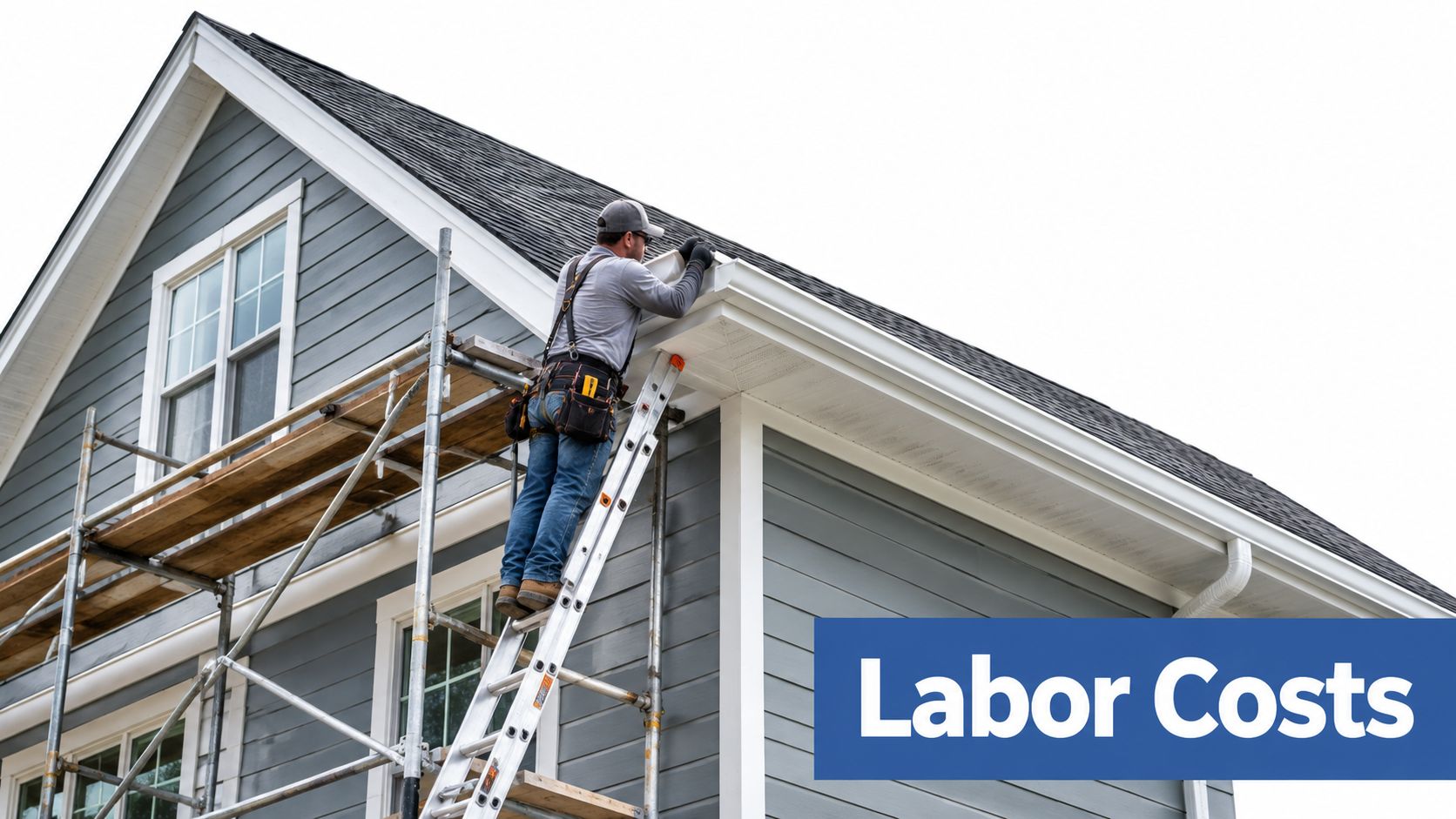 A construction worker installing seamless gutters on the roof of a gray siding house using scaffolding.