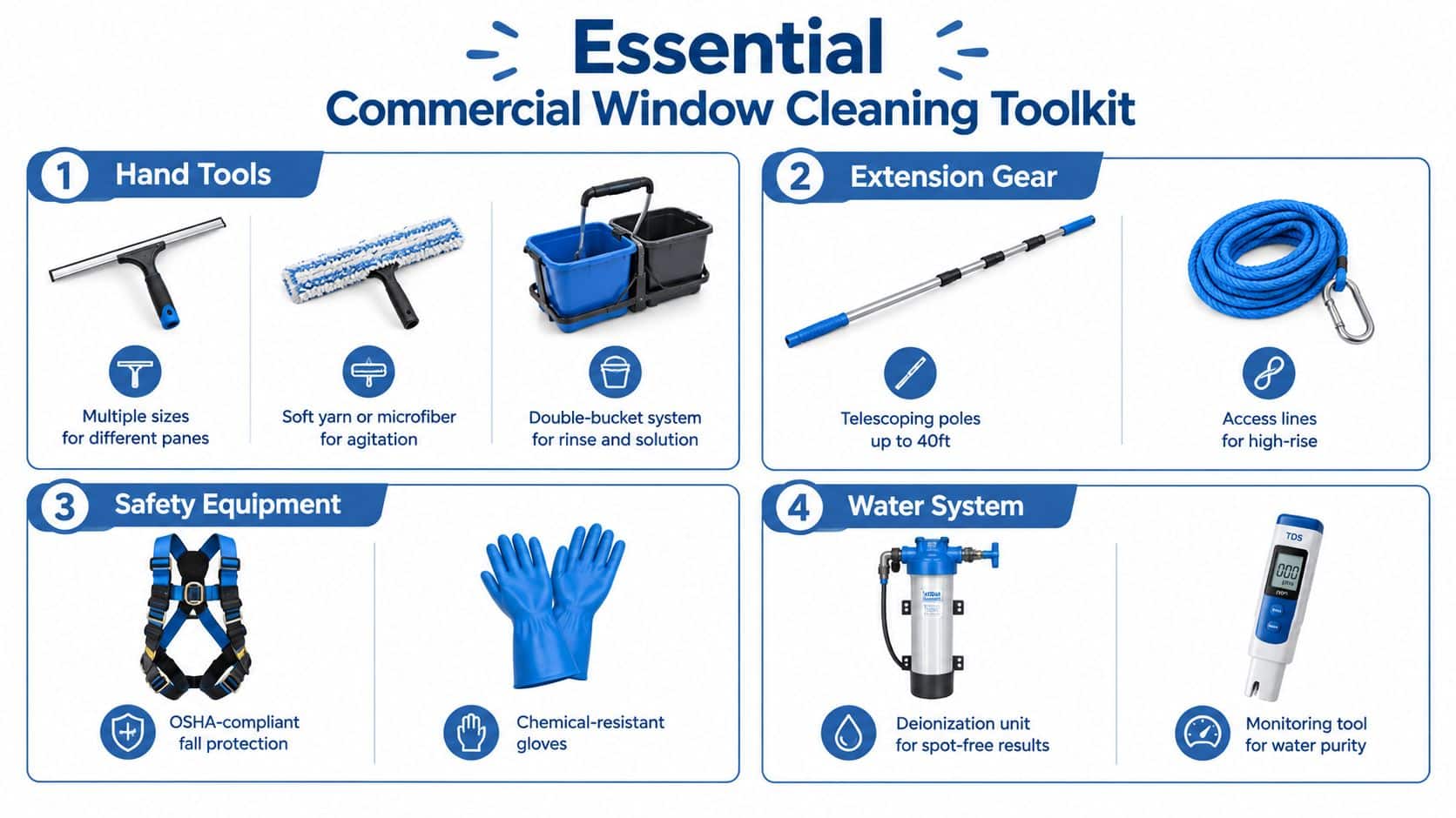 A comprehensive infographic displaying essential tools for commercial window cleaning, categorized by hand tools, extension gear, safety, and water systems.