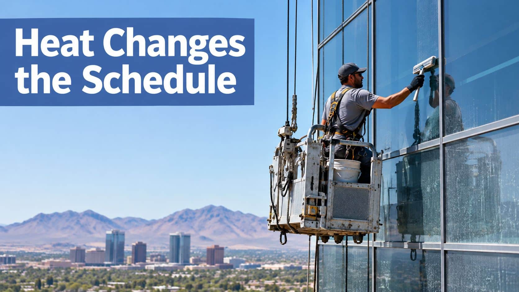 A professional window cleaner works on a high-rise building platform overlooking a sunlit desert city skyline.
