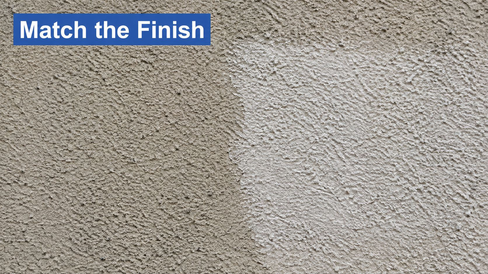 A close-up view of a stucco wall showing a contrast between stained and clean textured surfaces.