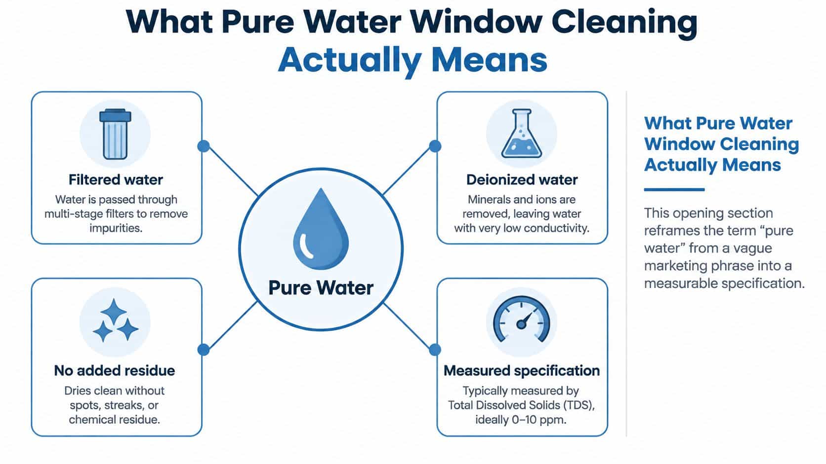An infographic explaining the scientific process and measurable benefits of using pure water for window cleaning services.