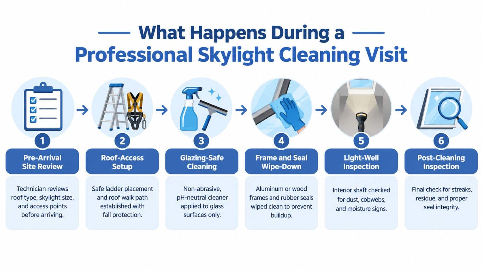 An infographic showing the six steps of a professional skylight cleaning service process from start to finish.