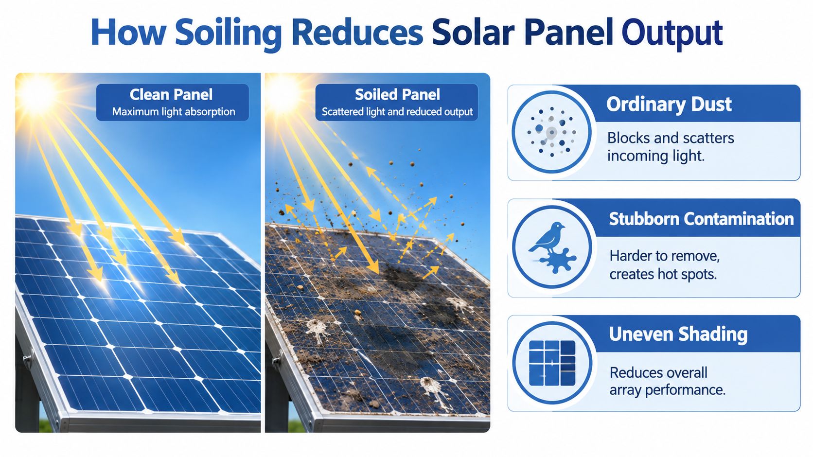 An infographic illustrating how dust, contamination, and shading reduce the energy output of solar panels.