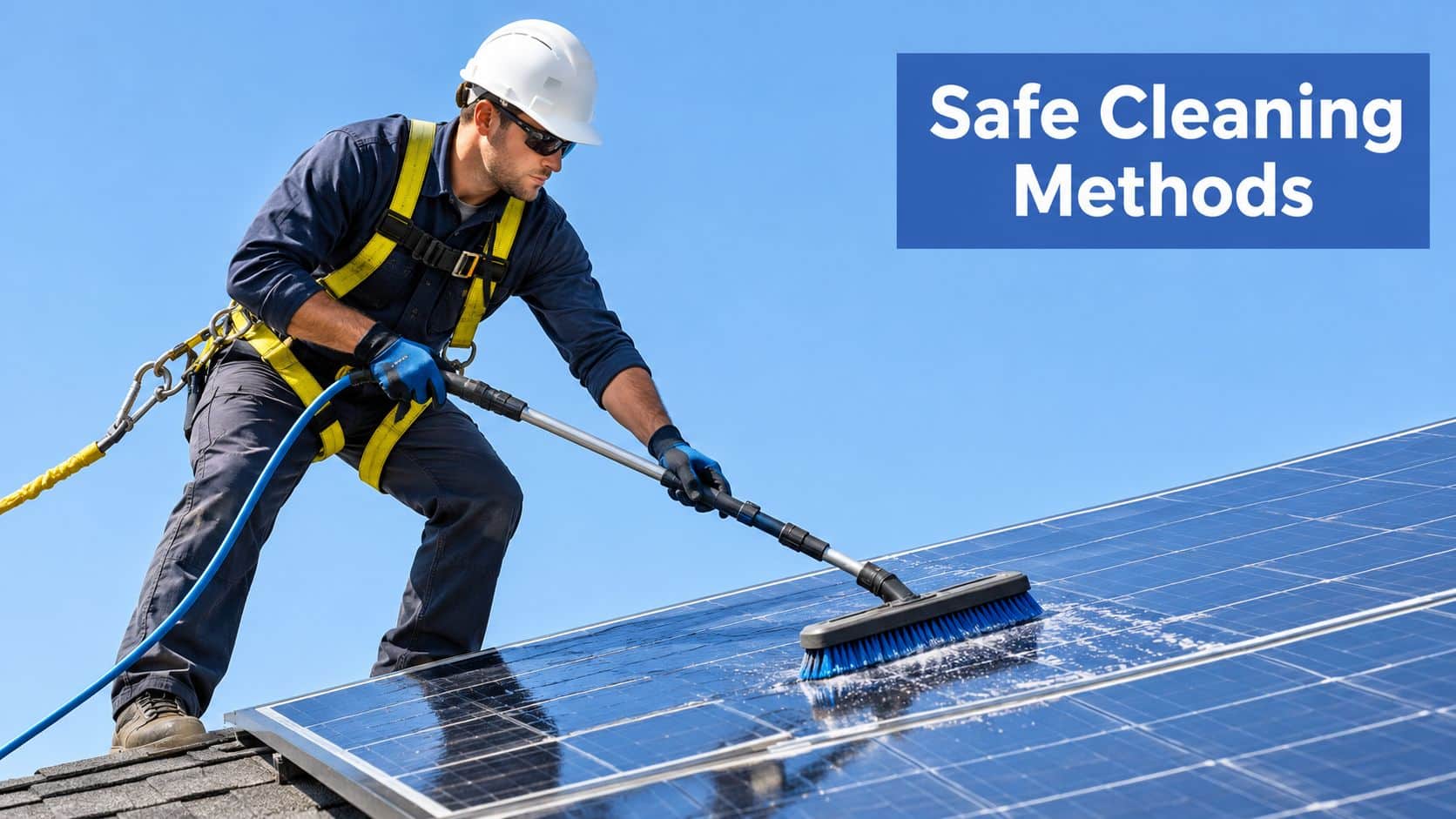 A professional technician wearing safety gear cleaning residential solar panels on a rooftop with a brush.