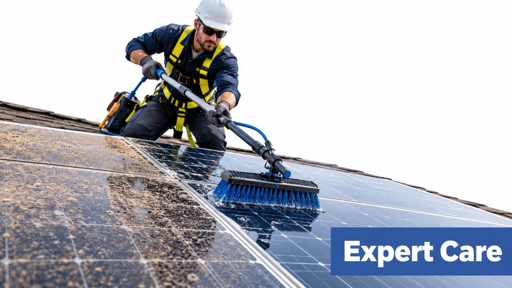A professional technician wearing safety gear cleaning dusty solar panels on a rooftop with a long brush.