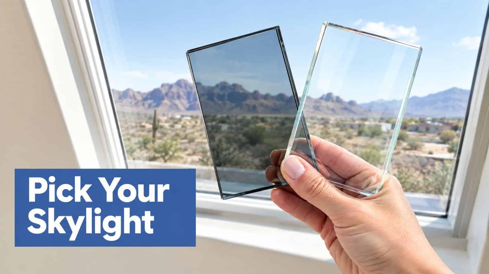 A hand holding two small glass samples in front of a window to compare tint options.