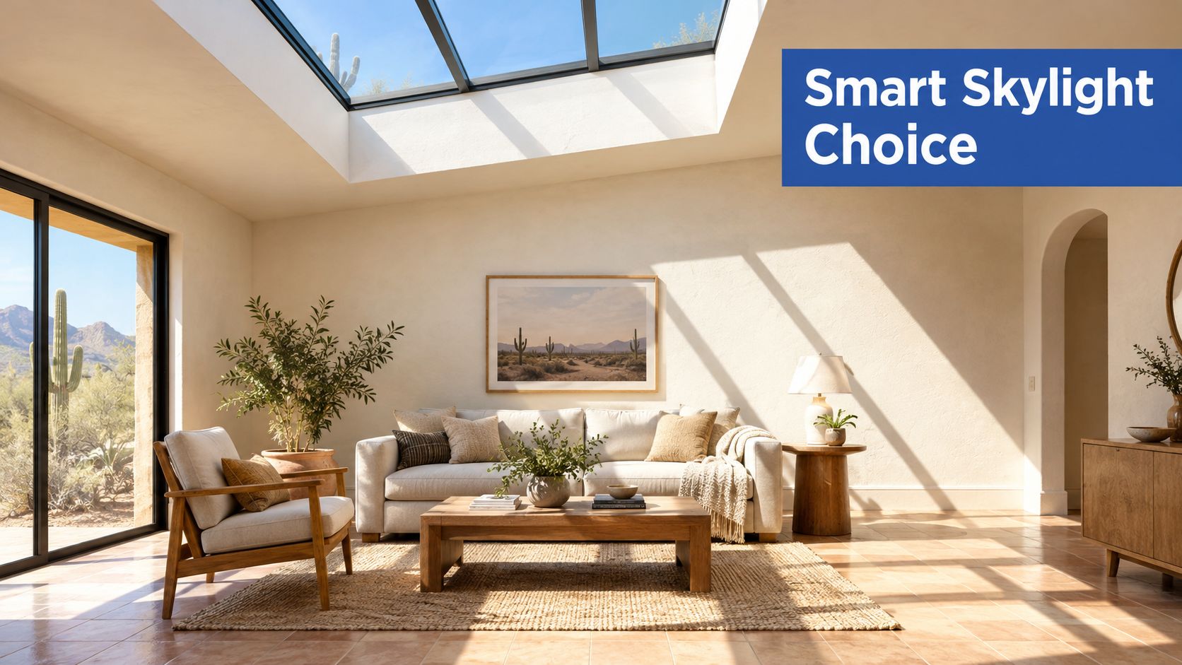 A bright, airy living room featuring a large modern skylight, natural decor, and desert-inspired wall art.