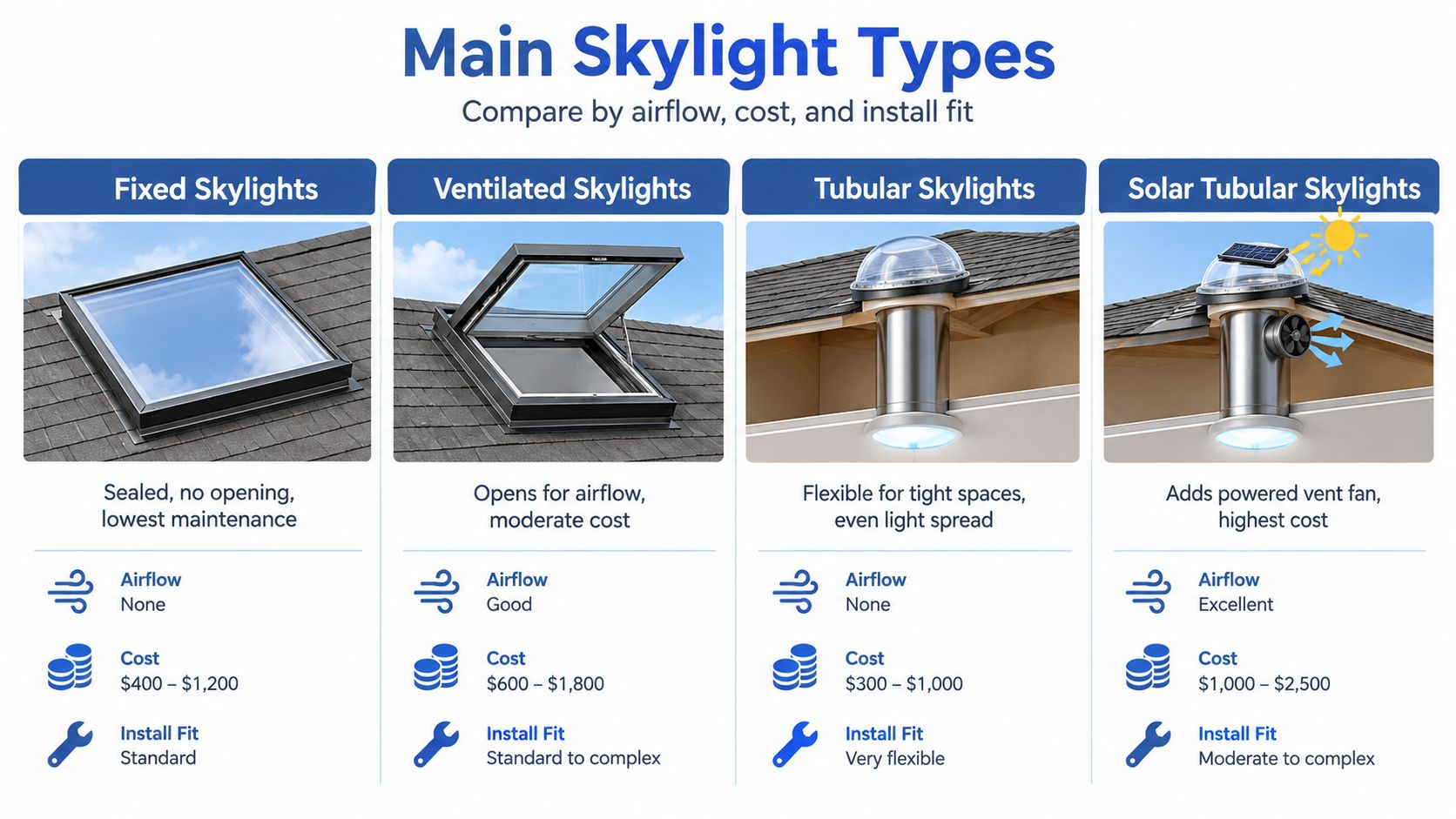 A comparison chart showing four main types of skylights: fixed, ventilated, tubular, and solar tubular skylights.