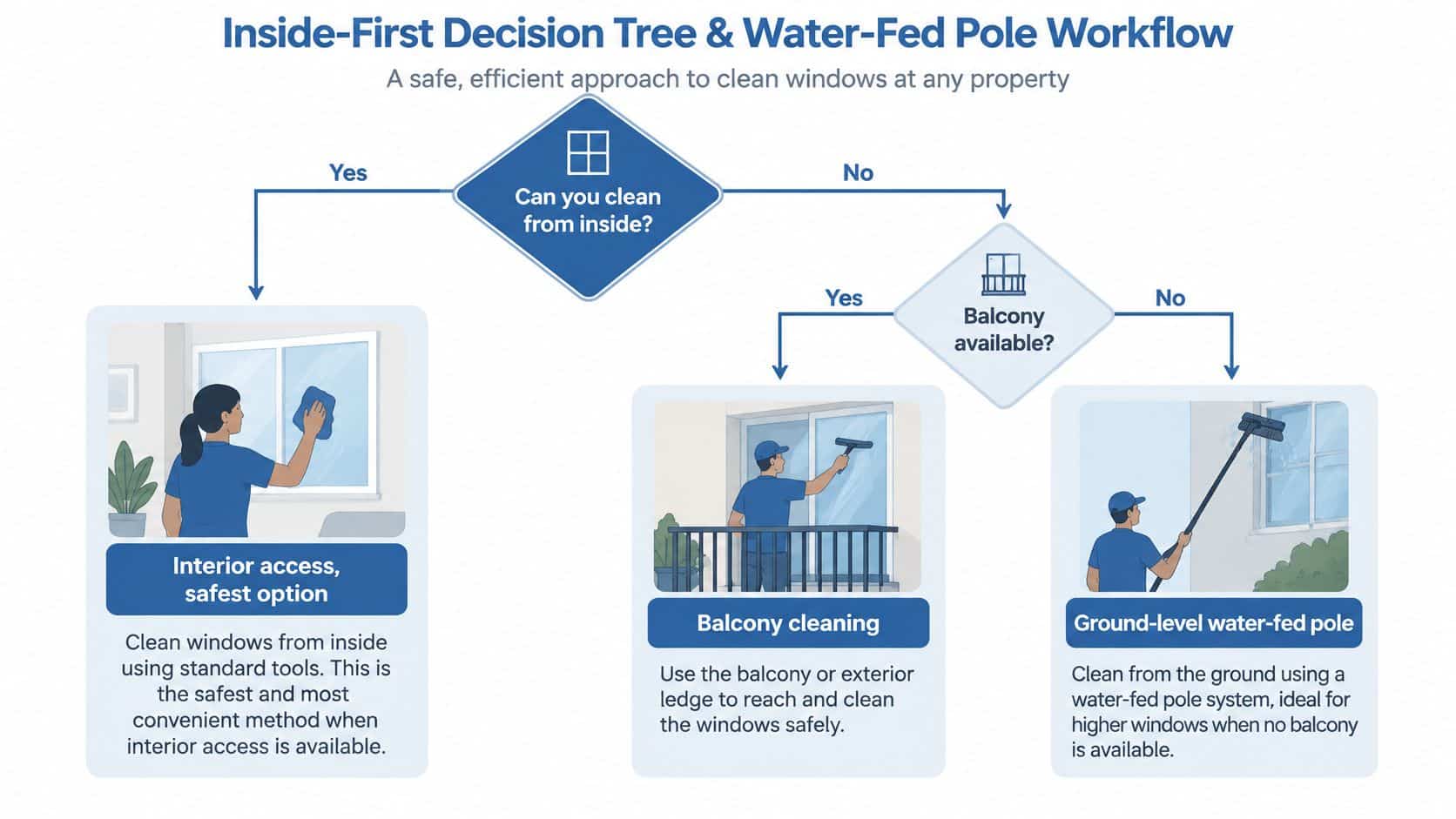 A decision tree diagram illustrating safe window cleaning procedures using interior access, balcony access, or water-fed poles.