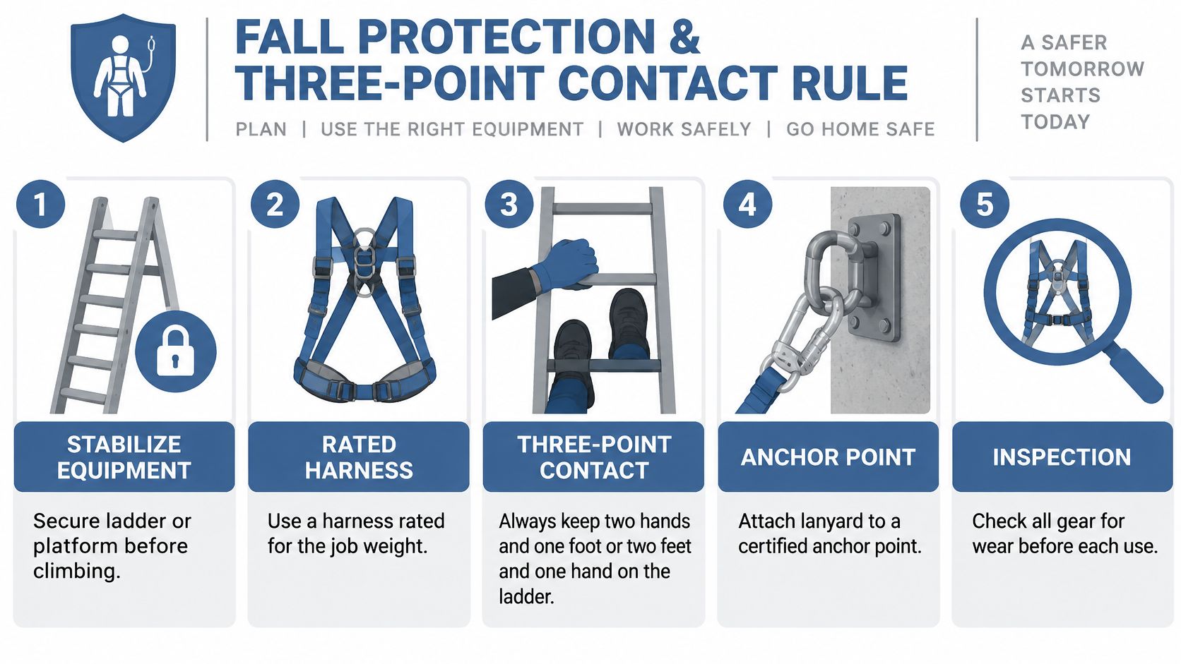 An infographic showing five essential safety steps for fall protection and three-point contact while using ladders.