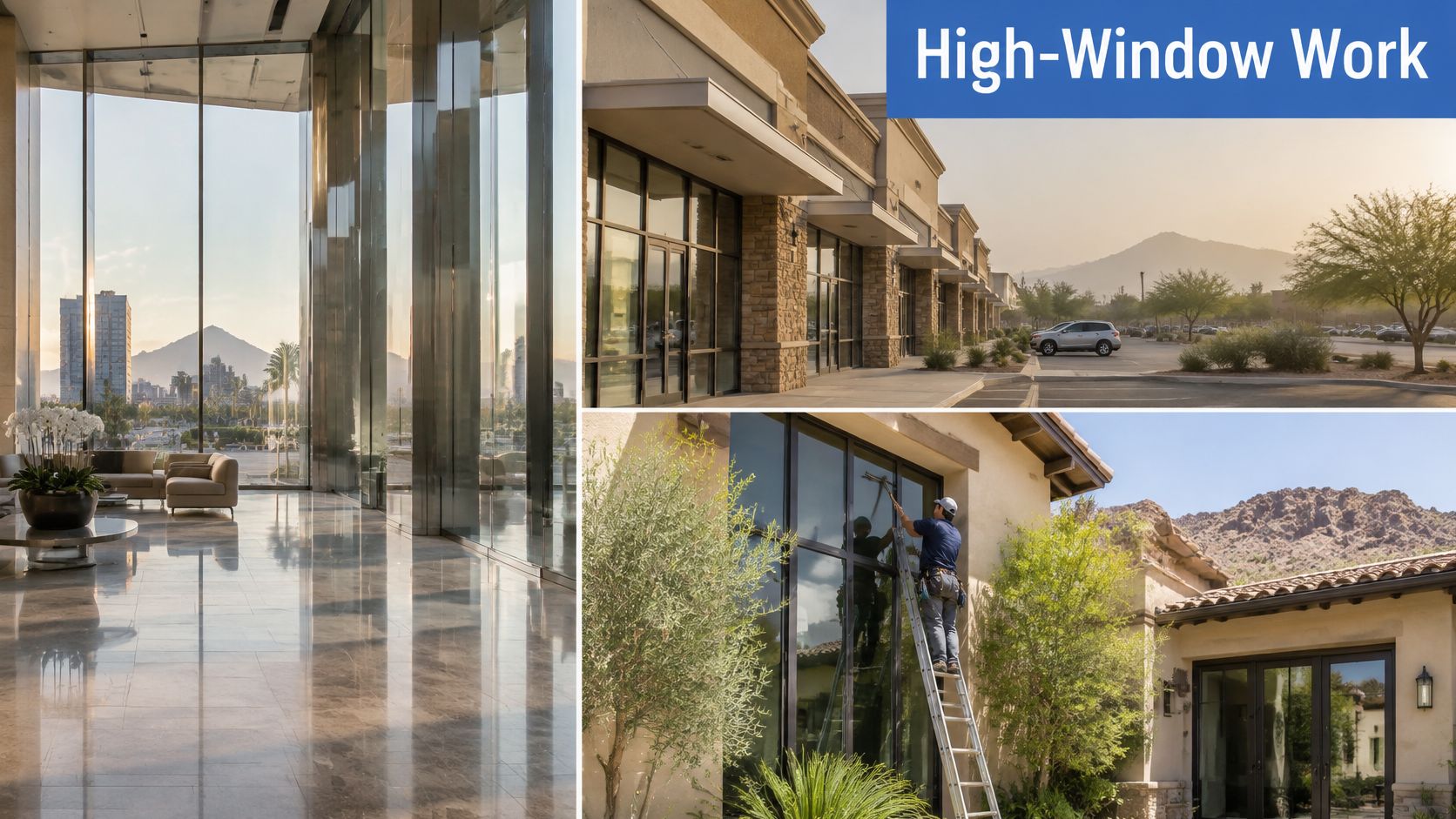 A professional window cleaner on a ladder cleaning high glass windows of a commercial building at sunset.