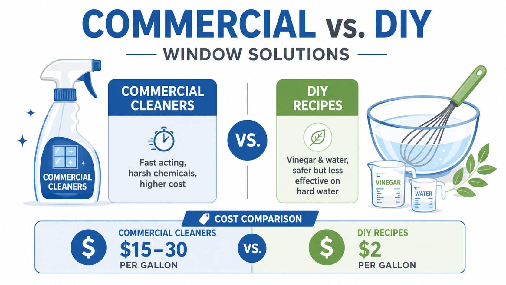 An infographic comparing commercial window cleaners and DIY vinegar solutions, highlighting their cost and effectiveness differences.