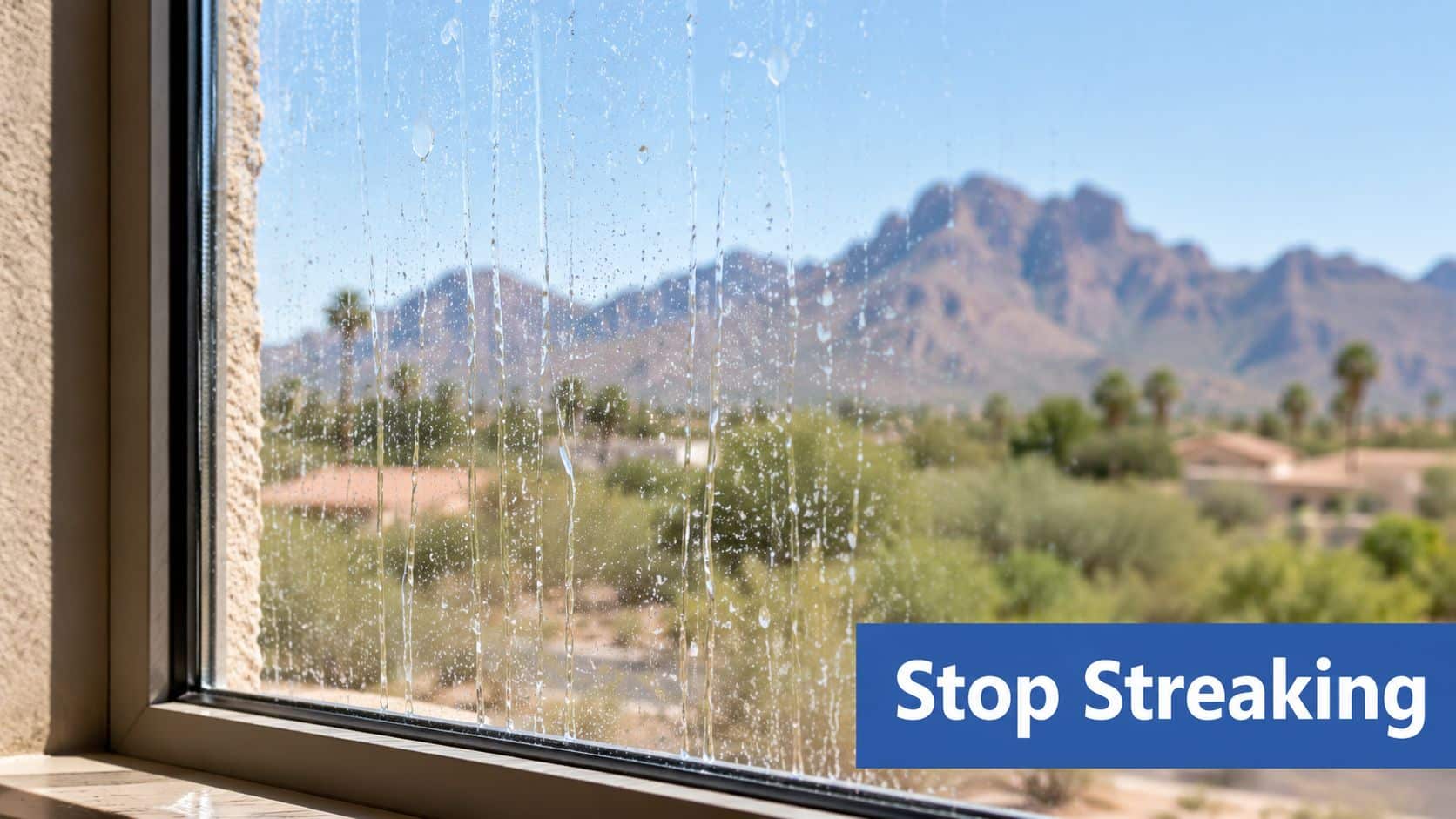 A view through a streaky, dirty window looking out onto a landscape with desert mountains and palm trees.