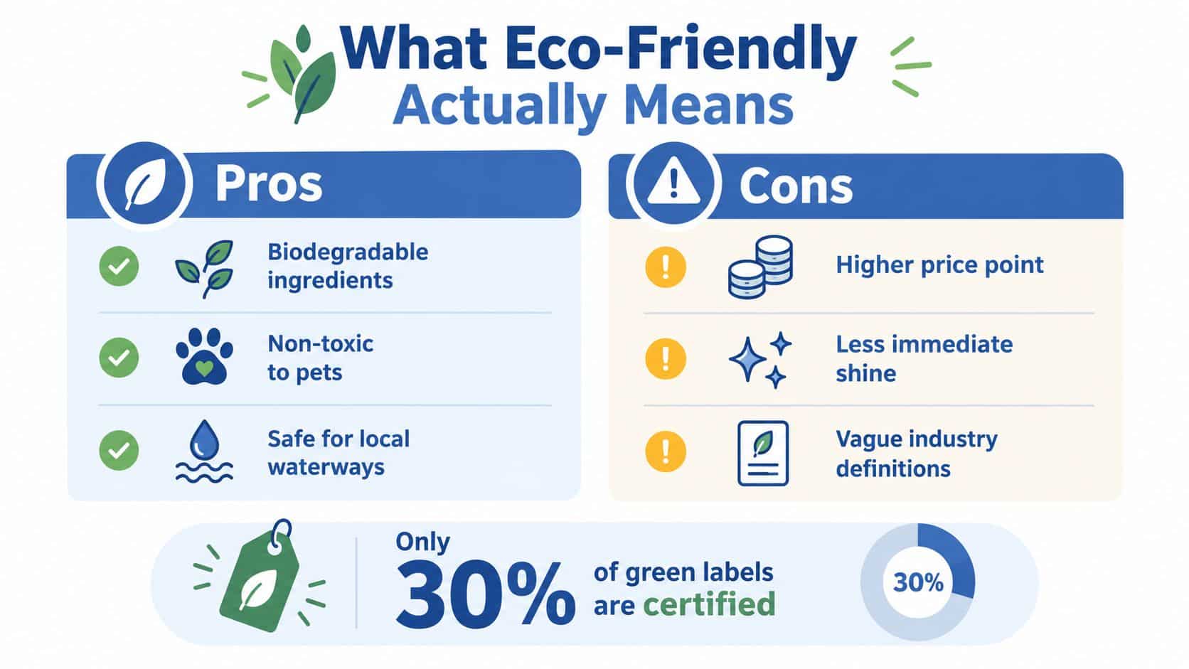 An infographic showing the pros and cons of using eco-friendly cleaning products and their certifications.