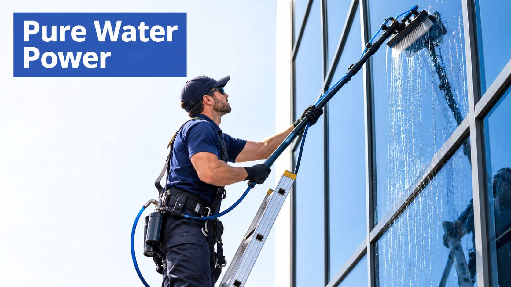 A professional cleaner using a long water-fed pole to clean the exterior glass windows of a building.