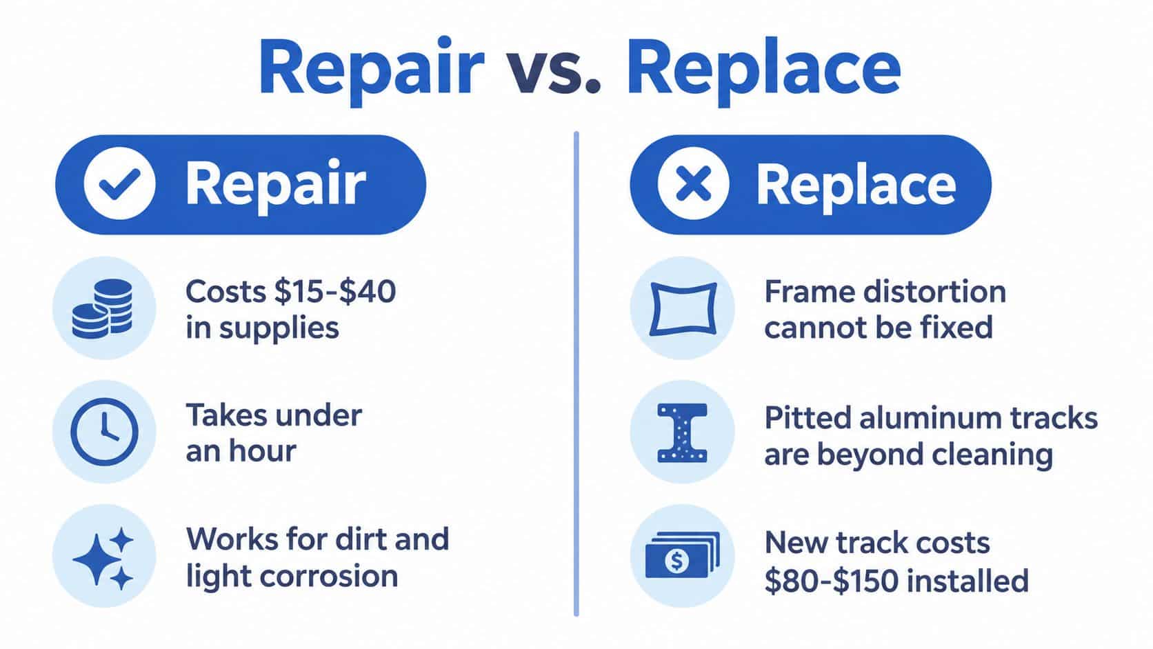 A comparison chart showing when to repair or replace window tracks based on cost and severity.