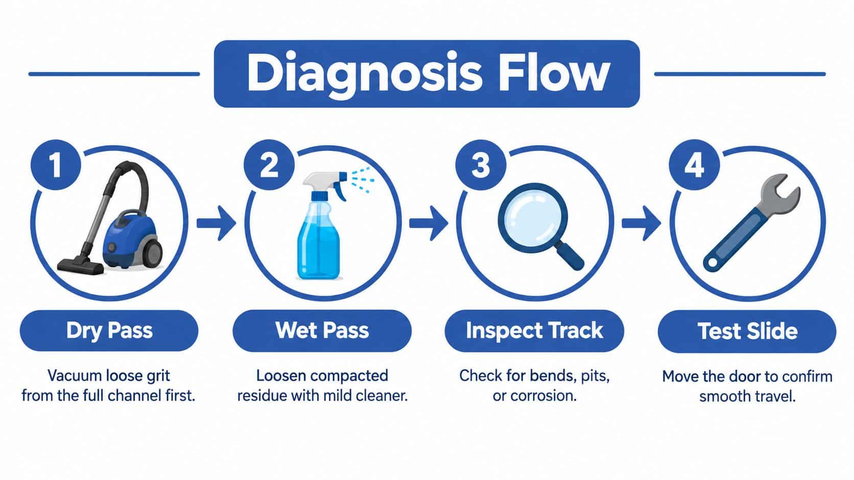A four-step infographic showing the diagnosis flow for cleaning and repairing a sliding door track.