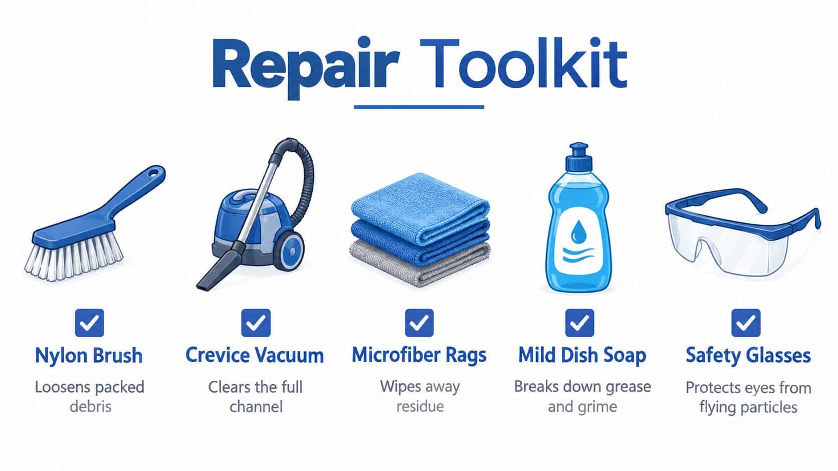 An infographic titled Repair Toolkit showing five essential cleaning items for maintaining window tracks and frames.