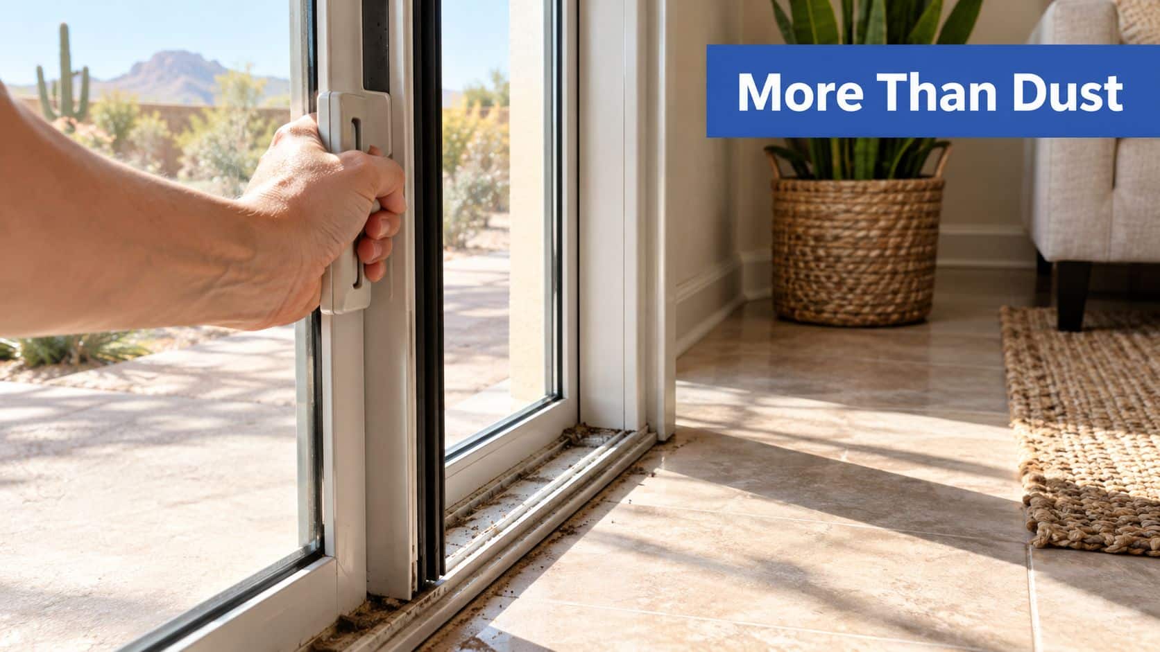A person opening a sliding glass door revealing a dirty, debris-filled window track in need of cleaning.